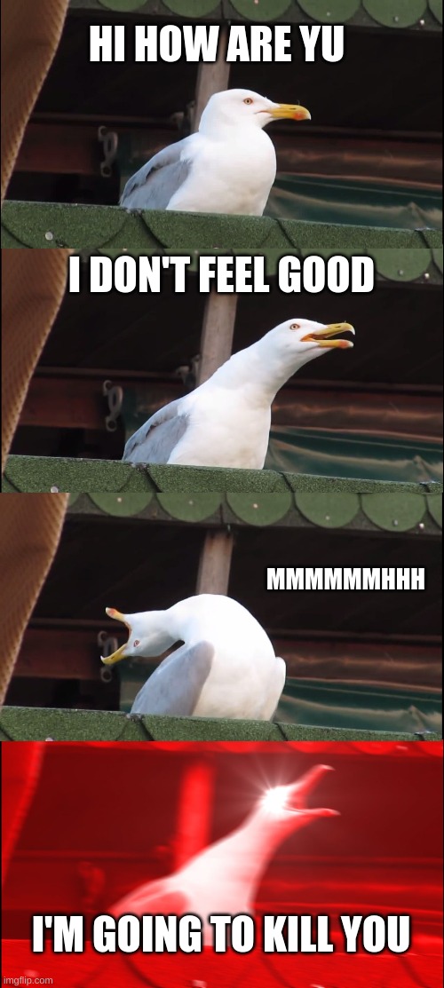 Inhaling Seagull | HI HOW ARE YU; I DON'T FEEL GOOD; MMMMMMHHH; I'M GOING TO KILL YOU | image tagged in memes,inhaling seagull | made w/ Imgflip meme maker