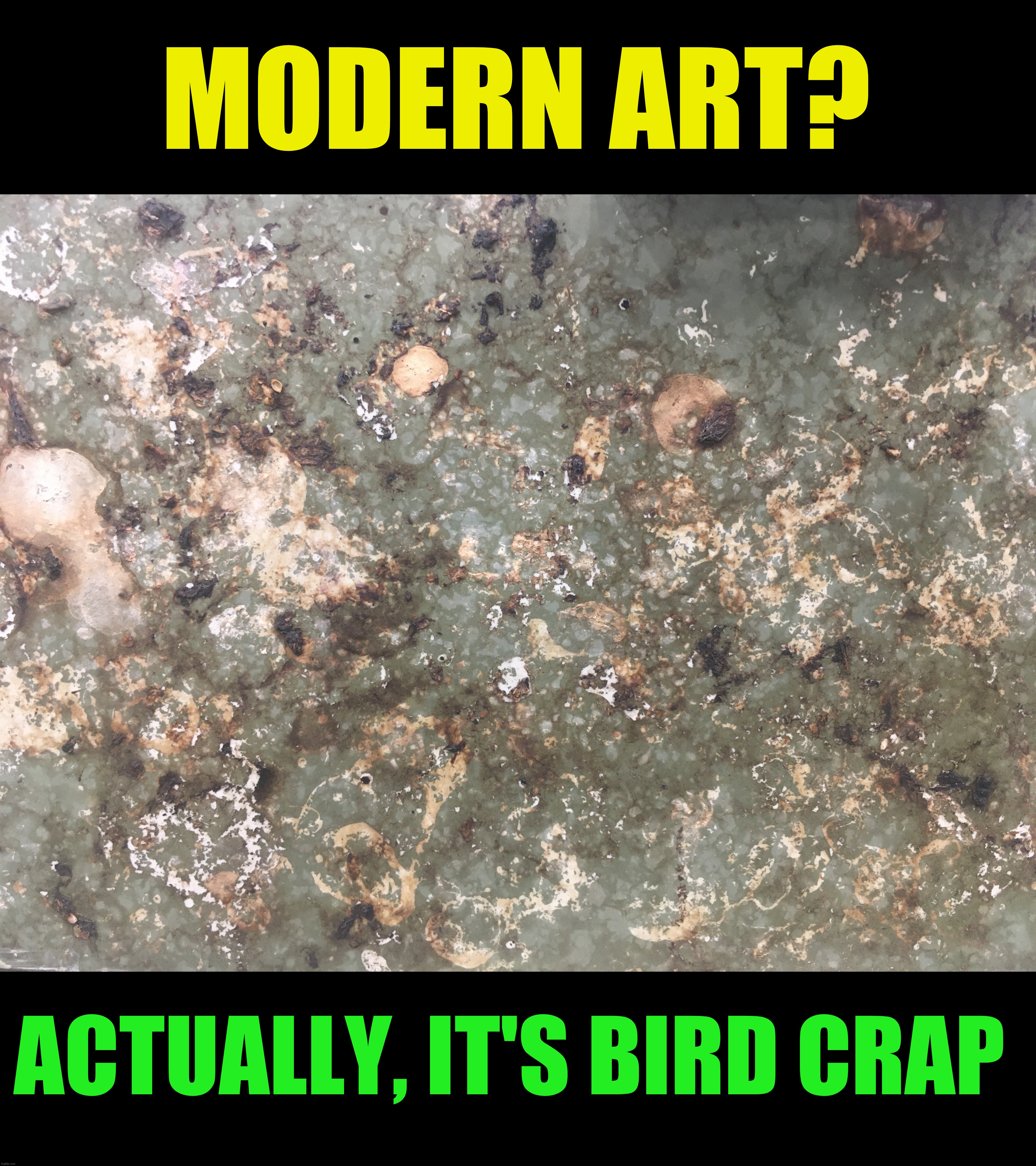 If Jackson Pollock had a bird | MODERN ART? ACTUALLY, IT'S BIRD CRAP | image tagged in memes,modern art,bird crap | made w/ Imgflip meme maker