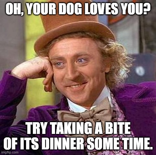 But it expects to get part of yours, every time. | OH, YOUR DOG LOVES YOU? TRY TAKING A BITE OF ITS DINNER SOME TIME. | image tagged in memes,creepy condescending wonka | made w/ Imgflip meme maker
