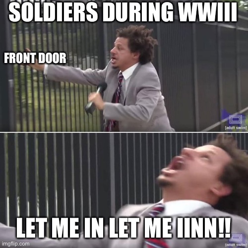 Eric Andre Let Me In (blank) | SOLDIERS DURING WWIII; FRONT DOOR; LET ME IN LET ME IINN!! | image tagged in eric andre let me in blank | made w/ Imgflip meme maker