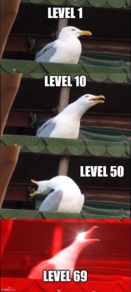 Inhaling Seagull | LEVEL 1; LEVEL 10; LEVEL 50; LEVEL 69 | image tagged in memes,inhaling seagull | made w/ Imgflip meme maker