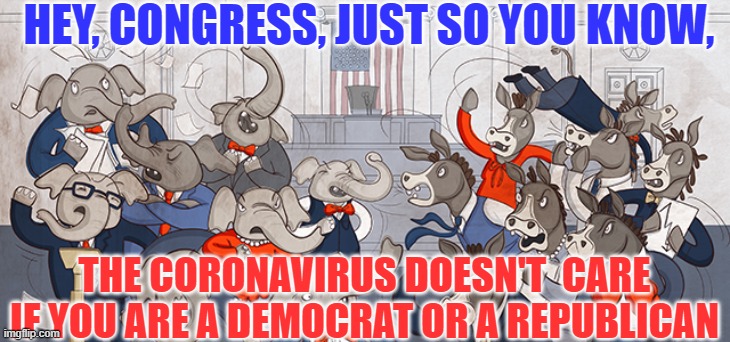 COVID-19 DOESN'T CARE IF  YOU'RE A DEM OR A REPUBLICAN | HEY, CONGRESS, JUST SO YOU KNOW, THE CORONAVIRUS DOESN'T  CARE IF YOU ARE A DEMOCRAT OR A REPUBLICAN | image tagged in american politics | made w/ Imgflip meme maker
