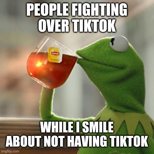 But That's None Of My Business Meme | PEOPLE FIGHTING OVER TIKTOK; WHILE I SMILE ABOUT NOT HAVING TIKTOK | image tagged in memes,but thats none of my business,kermit the frog | made w/ Imgflip meme maker
