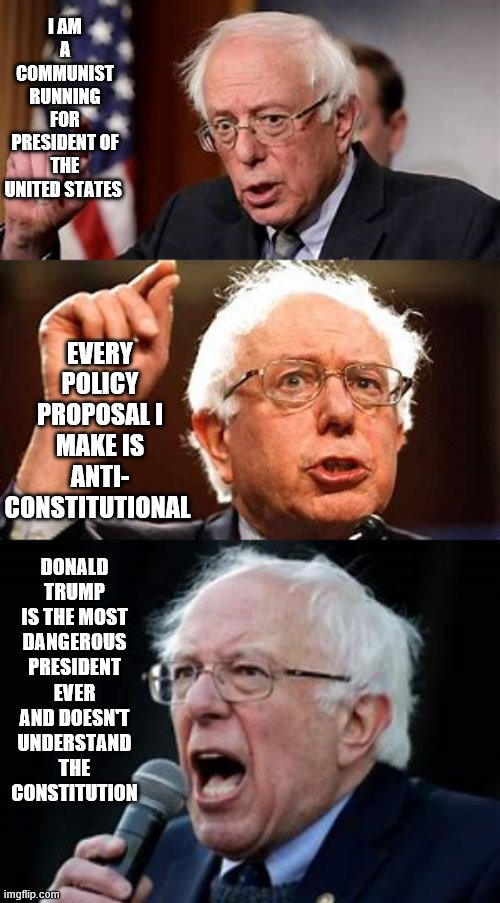 Delusional Commie | I AM A COMMUNIST RUNNING FOR PRESIDENT OF THE UNITED STATES; EVERY POLICY PROPOSAL I MAKE IS ANTI- CONSTITUTIONAL; DONALD TRUMP IS THE MOST DANGEROUS PRESIDENT EVER AND DOESN'T UNDERSTAND THE CONSTITUTION | image tagged in we willl not be berned,bernie never | made w/ Imgflip meme maker