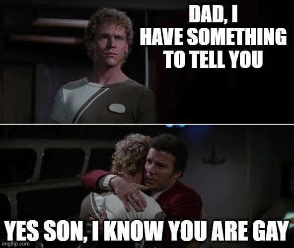 Well, Merritt Butrick was Bi....... | DAD, I HAVE SOMETHING TO TELL YOU; YES SON, I KNOW YOU ARE GAY | image tagged in kirk david twok star trek | made w/ Imgflip meme maker