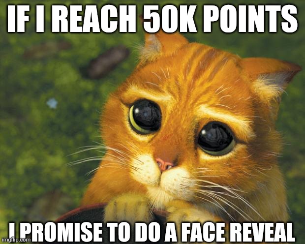 Pinky Swear | IF I REACH 50K POINTS; I PROMISE TO DO A FACE REVEAL | image tagged in puss in boots | made w/ Imgflip meme maker