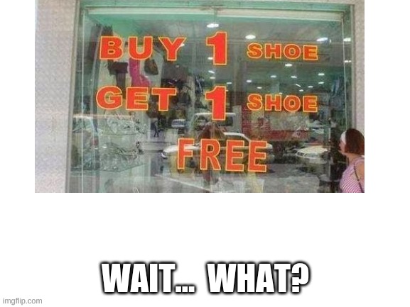  WAIT...  WHAT? | image tagged in memes,buy 1 shoe get 1 free,lol,e,ee,eee | made w/ Imgflip meme maker