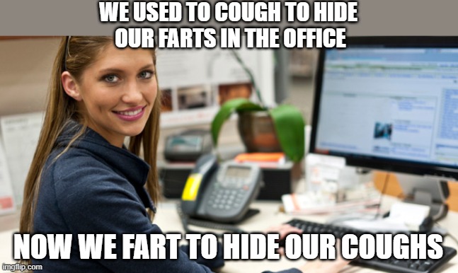 fart and cough | WE USED TO COUGH TO HIDE
 OUR FARTS IN THE OFFICE; NOW WE FART TO HIDE OUR COUGHS | image tagged in covid - 19,fart,cough | made w/ Imgflip meme maker