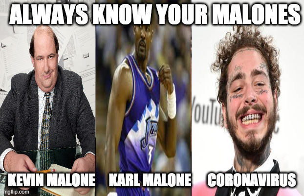 Know your Malones | ALWAYS KNOW YOUR MALONES; KEVIN MALONE     KARL MALONE      CORONAVIRUS | image tagged in memes | made w/ Imgflip meme maker