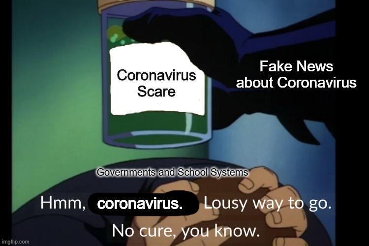 Batman Holding Harmless Beaker | Fake News about Coronavirus; Coronavirus Scare; Governments and School Systems; coronavirus. | image tagged in batman holding harmless beaker | made w/ Imgflip meme maker