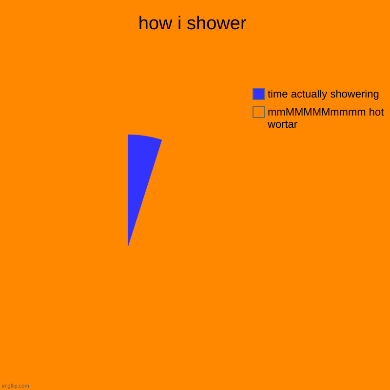 how i shower | mmMMMMMmmmm hot wortar, time actually showering | image tagged in charts,pie charts | made w/ Imgflip chart maker