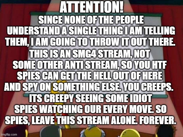 Seriously. Go away. | ATTENTION! SINCE NONE OF THE PEOPLE UNDERSTAND A SINGLE THING I AM TELLING THEM, I AM GOING TO THROW IT OUT THERE. THIS IS AN SMG4 STREAM, NOT SOME OTHER ANTI STREAM, SO YOU HTF SPIES CAN GET THE HELL OUT OF HERE AND SPY ON SOMETHING ELSE. YOU CREEPS. ITS CREEPY SEEING SOME IDIOT SPIES WATCHING OUR EVERY MOVE. SO SPIES, LEAVE THIS STREAM ALONE. FOREVER. | image tagged in lisa simpson's presentation | made w/ Imgflip meme maker