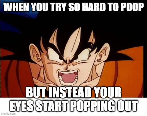 Crosseyed Goku | WHEN YOU TRY SO HARD TO POOP; BUT INSTEAD YOUR EYES START POPPING OUT | image tagged in memes,crosseyed goku | made w/ Imgflip meme maker