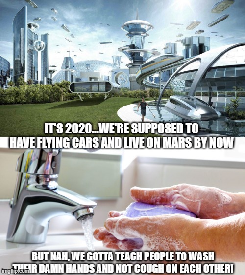 Sad Facts | IT'S 2020...WE'RE SUPPOSED TO HAVE FLYING CARS AND LIVE ON MARS BY NOW; BUT NAH, WE GOTTA TEACH PEOPLE TO WASH THEIR DAMN HANDS AND NOT COUGH ON EACH OTHER! | image tagged in washing hands,the future world if | made w/ Imgflip meme maker
