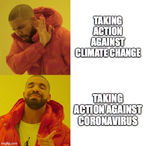 Drake Blank | TAKING ACTION AGAINST CLIMATE CHANGE; TAKING ACTION AGAINST CORONAVIRUS | image tagged in drake blank | made w/ Imgflip meme maker