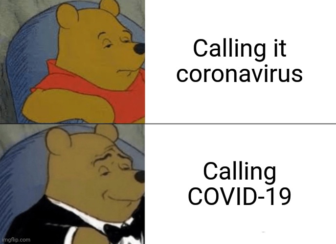Tuxedo Winnie The Pooh | Calling it coronavirus; Calling COVID-19 | image tagged in memes,tuxedo winnie the pooh | made w/ Imgflip meme maker