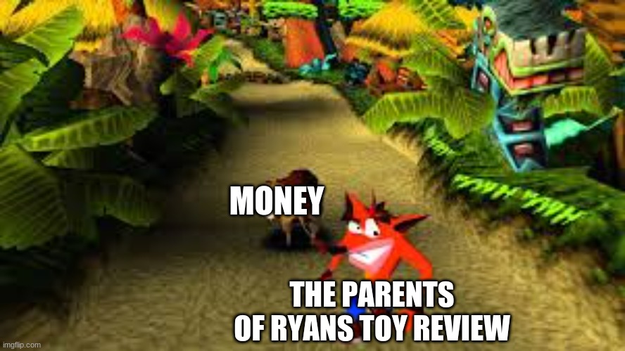 crash bandicoot | MONEY; THE PARENTS OF RYANS TOY REVIEW | image tagged in crash bandicoot | made w/ Imgflip meme maker
