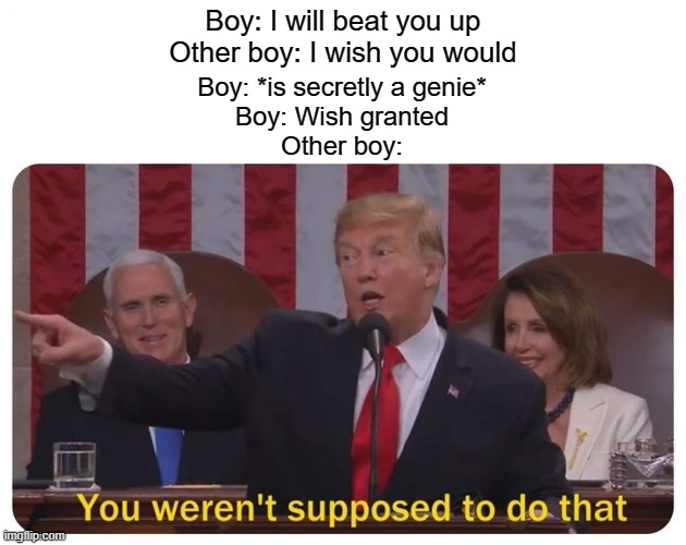 Trump You Weren't Supposed to Do That | Boy: I will beat you up
Other boy: I wish you would; Boy: *is secretly a genie*
Boy: Wish granted
Other boy: | image tagged in trump you weren't supposed to do that | made w/ Imgflip meme maker