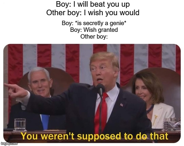 Trump You Weren't Supposed to Do That | Boy: I will beat you up
Other boy: I wish you would; Boy: *is secretly a genie*
Boy: Wish granted
Other boy: | image tagged in trump you weren't supposed to do that | made w/ Imgflip meme maker