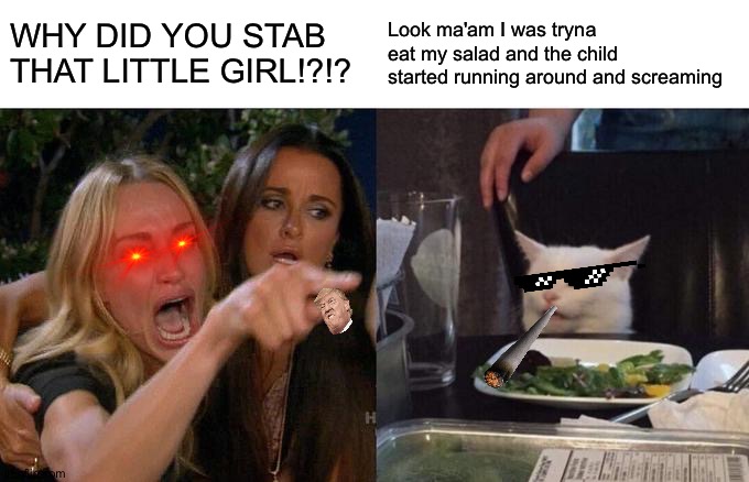 Woman Yelling At Cat Meme | WHY DID YOU STAB THAT LITTLE GIRL!?!? Look ma'am I was tryna eat my salad and the child started running around and screaming | image tagged in memes,woman yelling at cat | made w/ Imgflip meme maker