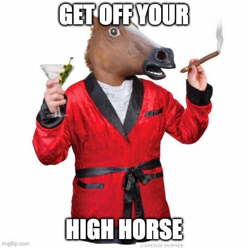the high horse | GET OFF YOUR; HIGH HORSE | image tagged in funny memes,too damn high | made w/ Imgflip meme maker