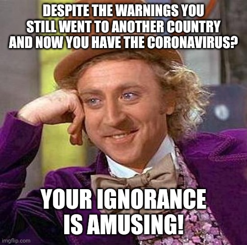 Creepy Condescending Wonka Meme | DESPITE THE WARNINGS YOU STILL WENT TO ANOTHER COUNTRY AND NOW YOU HAVE THE CORONAVIRUS? YOUR IGNORANCE IS AMUSING! | image tagged in memes,creepy condescending wonka | made w/ Imgflip meme maker