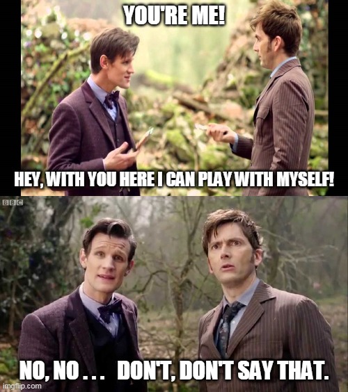 Ten and Eleven | YOU'RE ME! HEY, WITH YOU HERE I CAN PLAY WITH MYSELF! NO, NO . . .   DON'T, DON'T SAY THAT. | image tagged in doctor who | made w/ Imgflip meme maker