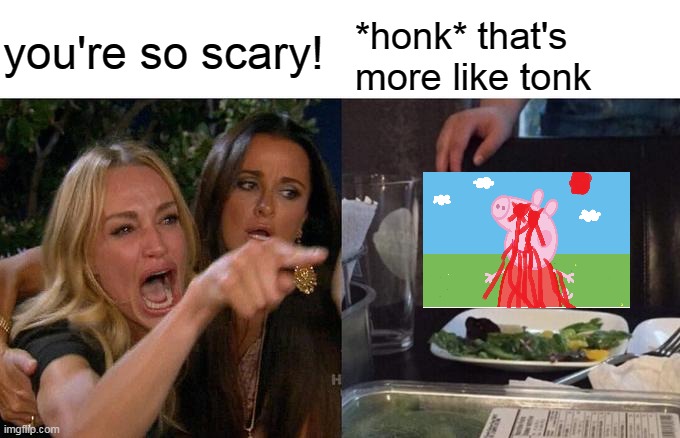 Woman Yelling At Cat | you're so scary! *honk* that's more like tonk | image tagged in memes,woman yelling at cat | made w/ Imgflip meme maker