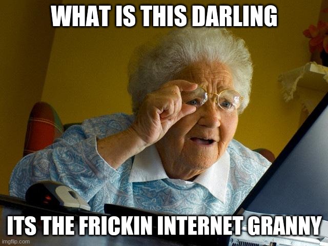 Grandma Finds The Internet | WHAT IS THIS DARLING; ITS THE FRICKIN INTERNET GRANNY | image tagged in memes,grandma finds the internet | made w/ Imgflip meme maker