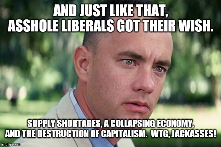And Just Like That Meme | AND JUST LIKE THAT, ASSHOLE LIBERALS GOT THEIR WISH. SUPPLY SHORTAGES, A COLLAPSING ECONOMY, AND THE DESTRUCTION OF CAPITALISM.  WTG, JACKASSES! | image tagged in memes,and just like that | made w/ Imgflip meme maker