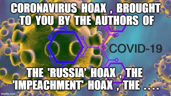 CORONAVIRUS  HOAX  ,  BROUGHT  TO  YOU  BY  THE  AUTHORS  OF; THE  'RUSSIA'  HOAX  ,  THE  'IMPEACHMENT'  HOAX  ,  THE  . . . . | image tagged in coronavirus,coronavirus hoax,beer flu,dnc | made w/ Imgflip meme maker