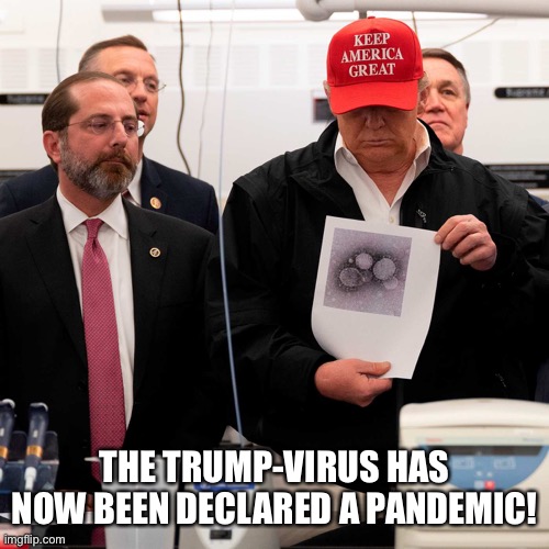 The Trump Virus Is Officially Declared a Pandemic! | THE TRUMP-VIRUS HAS NOW BEEN DECLARED A PANDEMIC! | image tagged in donald trump,trump virus,pandemic,coronavirus,morons for trump,sarcasm | made w/ Imgflip meme maker