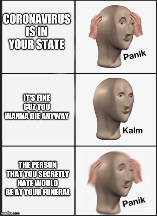 Panik Kalm Panik | CORONAVIRUS IS IN YOUR STATE; IT'S FINE CUZ YOU WANNA DIE ANYWAY; THE PERSON THAT YOU SECRETLY HATE WOULD BE AT YOUR FUNERAL | image tagged in panik kalm | made w/ Imgflip meme maker