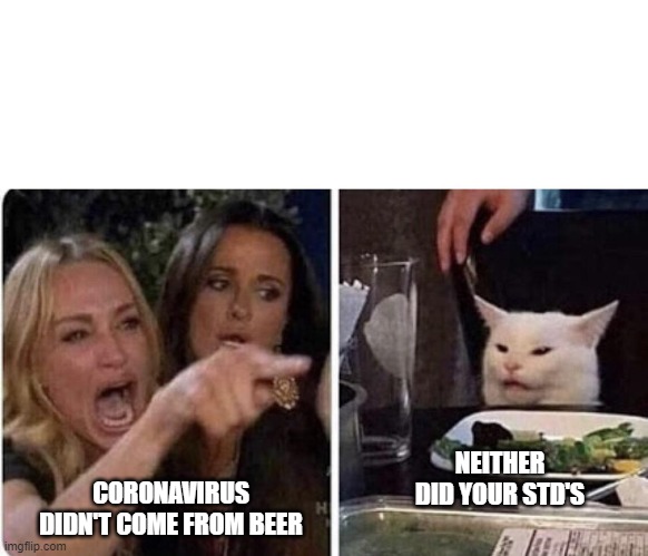 Angry Woman and Cat | CORONAVIRUS DIDN'T COME FROM BEER; NEITHER DID YOUR STD'S | image tagged in angry woman and cat | made w/ Imgflip meme maker