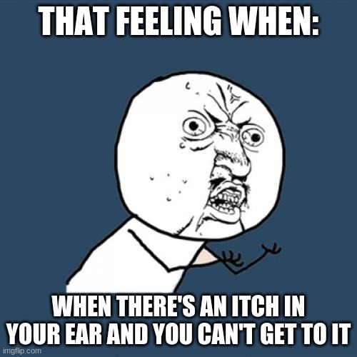 Y U No | THAT FEELING WHEN:; WHEN THERE'S AN ITCH IN YOUR EAR AND YOU CAN'T GET TO IT | image tagged in memes,y u no | made w/ Imgflip meme maker