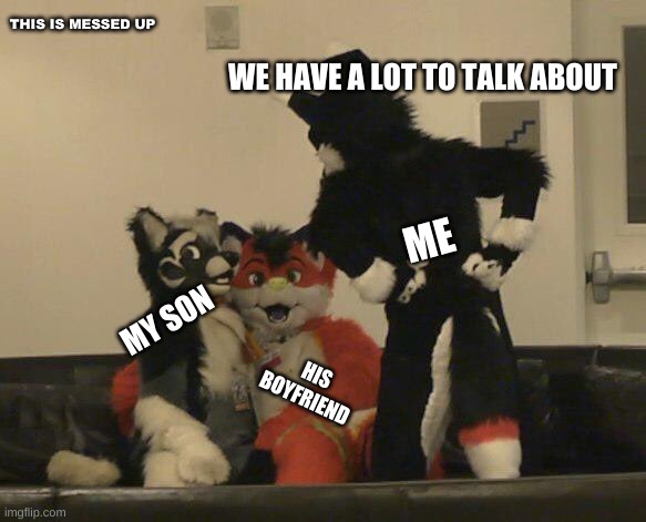 Furries Caught Cuddling | THIS IS MESSED UP; WE HAVE A LOT TO TALK ABOUT; ME; MY SON; HIS BOYFRIEND | image tagged in furries caught cuddling | made w/ Imgflip meme maker