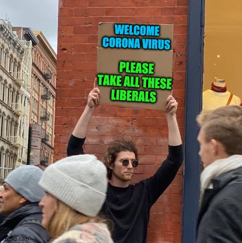 me: | WELCOME CORONA VIRUS; PLEASE TAKE ALL THESE 
LIBERALS | image tagged in guy holding cardboard sign,liberals,coronavirus | made w/ Imgflip meme maker