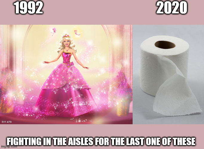 1992                                           2020; FIGHTING IN THE AISLES FOR THE LAST ONE OF THESE | image tagged in toilet paper,princess barbie doll queen | made w/ Imgflip meme maker