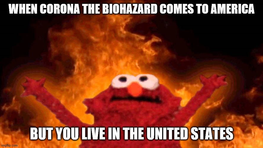 elmo fire | WHEN CORONA THE BIOHAZARD COMES TO AMERICA; BUT YOU LIVE IN THE UNITED STATES | image tagged in elmo fire | made w/ Imgflip meme maker