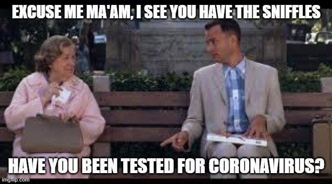 forrest gump box of chocolates | EXCUSE ME MA'AM, I SEE YOU HAVE THE SNIFFLES; HAVE YOU BEEN TESTED FOR CORONAVIRUS? | image tagged in forrest gump box of chocolates | made w/ Imgflip meme maker