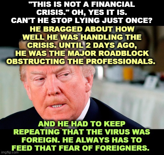 It's all about the reelection. What a disgusting man. | "THIS IS NOT A FINANCIAL CRISIS." OH, YES IT IS. CAN'T HE STOP LYING JUST ONCE? HE BRAGGED ABOUT HOW WELL HE WAS HANDLING THE CRISIS. UNTIL 2 DAYS AGO, HE WAS THE MAJOR ROADBLOCK OBSTRUCTING THE PROFESSIONALS. AND HE HAD TO KEEP REPEATING THAT THE VIRUS WAS FOREIGN. HE ALWAYS HAS TO FEED THAT FEAR OF FOREIGNERS. | image tagged in trump,coronavirus,bragging,xenophobia,liar | made w/ Imgflip meme maker