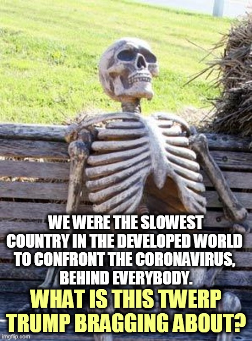 Putting America Last, Again! | WE WERE THE SLOWEST COUNTRY IN THE DEVELOPED WORLD 
TO CONFRONT THE CORONAVIRUS, 
BEHIND EVERYBODY. WHAT IS THIS TWERP TRUMP BRAGGING ABOUT? | image tagged in memes,waiting skeleton,coronavirus,trump,incompetence,amateurs | made w/ Imgflip meme maker
