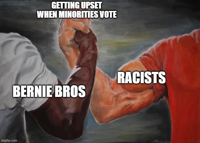 Holding hands | GETTING UPSET WHEN MINORITIES VOTE; RACISTS; BERNIE BROS | image tagged in holding hands,Destiny | made w/ Imgflip meme maker