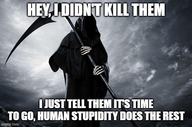 Death | HEY, I DIDN'T KILL THEM; I JUST TELL THEM IT'S TIME TO GO, HUMAN STUPIDITY DOES THE REST | image tagged in death | made w/ Imgflip meme maker