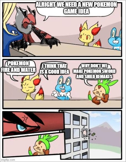 if pokemon made a remake of swordd/shield before diamond and pearl remakes |  ALRIGHT WE NEED A NEW POKEMON
GAME IDEA; WHY DON'T WE MAKE POKEMON SWORD AND SHILD REMAKES; POKEMON FIRE AND WATER; I THINK THAT IS A GOOD IDEA | image tagged in pokemon board meeting | made w/ Imgflip meme maker
