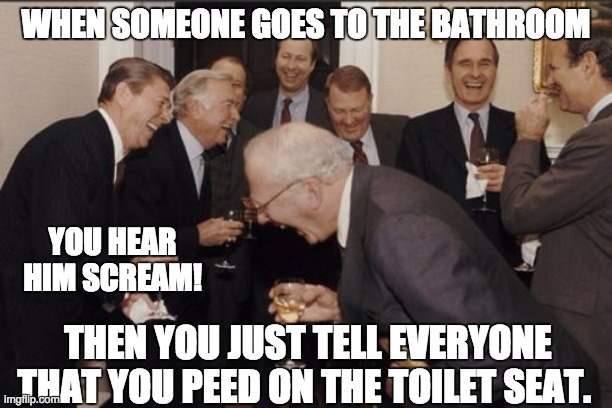 Laughing Men In Suits | WHEN SOMEONE GOES TO THE BATHROOM; YOU HEAR HIM SCREAM! THEN YOU JUST TELL EVERYONE THAT YOU PEED ON THE TOILET SEAT. | image tagged in memes,laughing men in suits | made w/ Imgflip meme maker