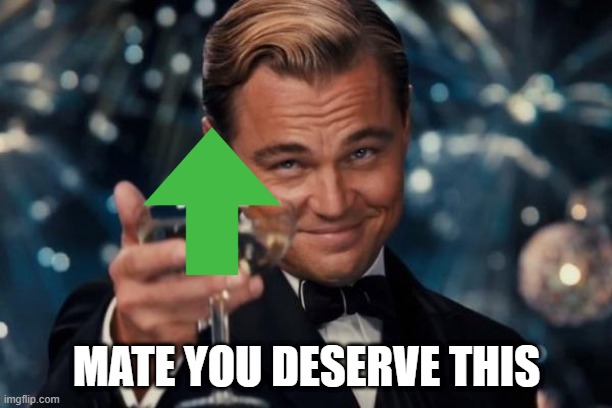 MATE YOU DESERVE THIS | image tagged in memes,leonardo dicaprio cheers | made w/ Imgflip meme maker