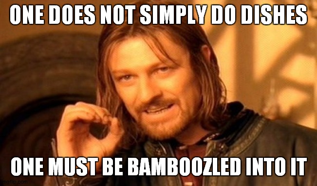 One Does Not Simply Meme | ONE DOES NOT SIMPLY DO DISHES; ONE MUST BE BAMBOOZLED INTO IT | image tagged in memes,one does not simply | made w/ Imgflip meme maker
