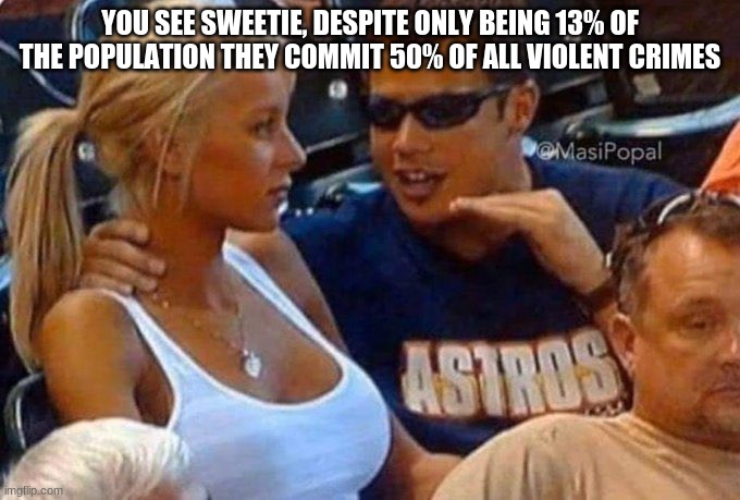 YOU SEE SWEETIE, DESPITE ONLY BEING 13% OF THE POPULATION THEY COMMIT 50% OF ALL VIOLENT CRIMES | image tagged in fbi crime stats,explaination,humor meme | made w/ Imgflip meme maker