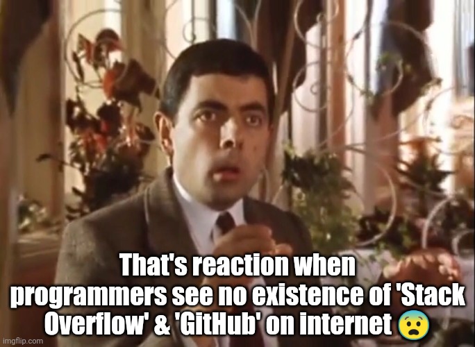 Mr bean at the restaurant | That's reaction when programmers see no existence of 'Stack Overflow' & 'GitHub' on internet 😨 | image tagged in mr bean at the restaurant | made w/ Imgflip meme maker